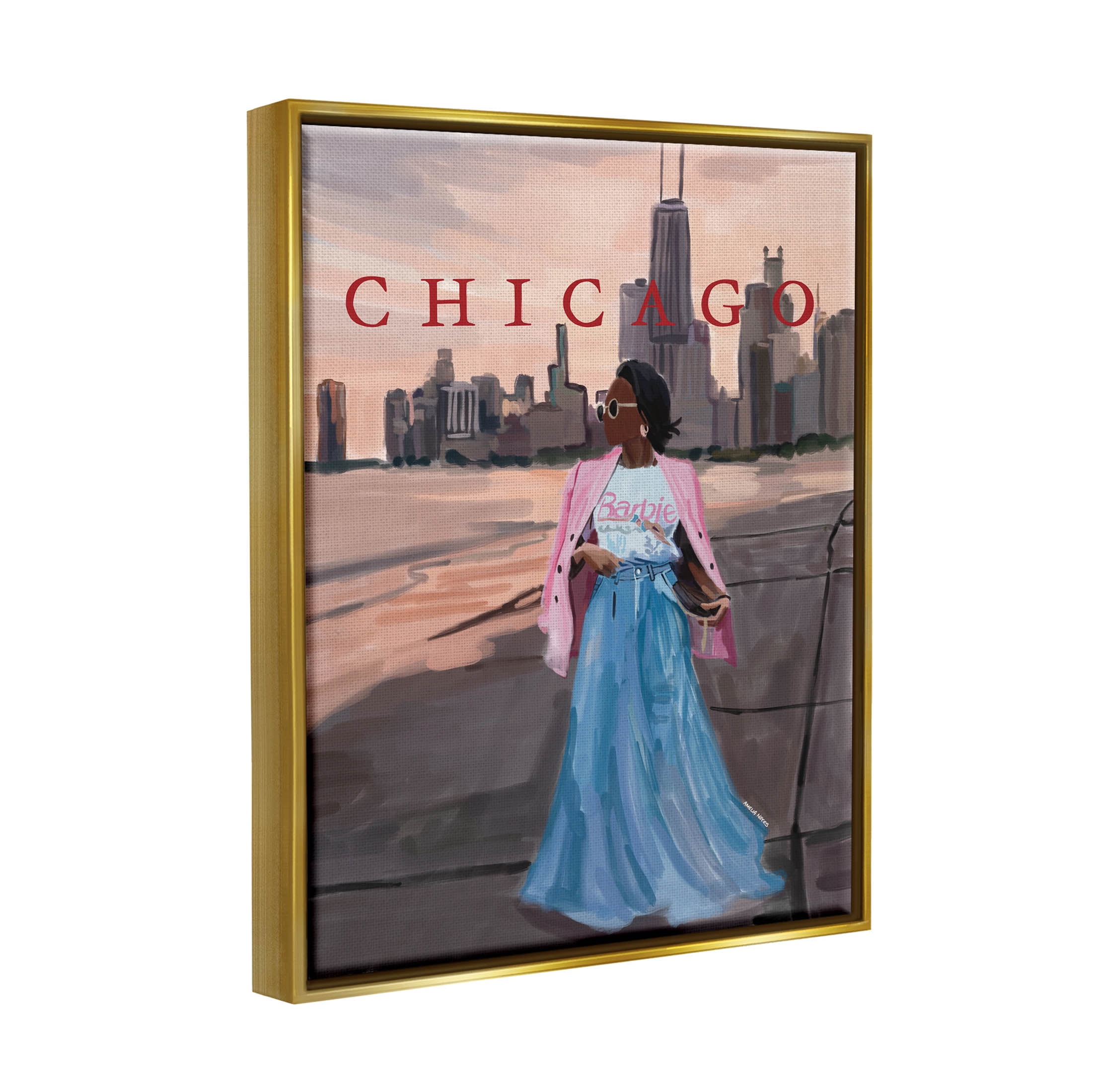 Stupell Industries Fashionable Woman Urban Chicago City Graphic Art Metallic Gold Floating Framed Canvas Print Wall Art, Design by Amelia Noyes