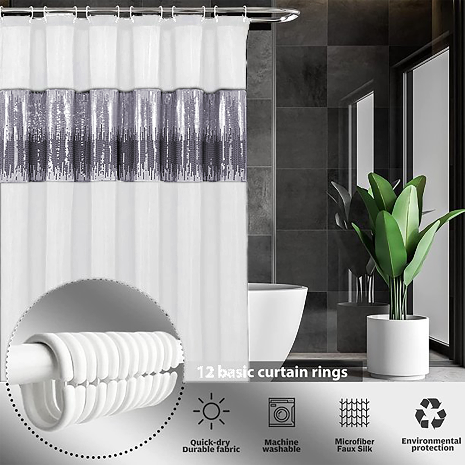 Grey Shower Curtain Modern Glitter Faux Silk Bathroom Curtains