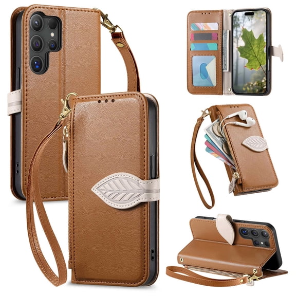 ELEHOLD Wallet Case for Samsung Galaxy S24 Ultra, Shockproof Flip PU Leather Zipper Cash Slot Credit Card Slot Anti-Scratch Shock-Absorbent Case Cover With Crossbody Wrist Strap,Brown