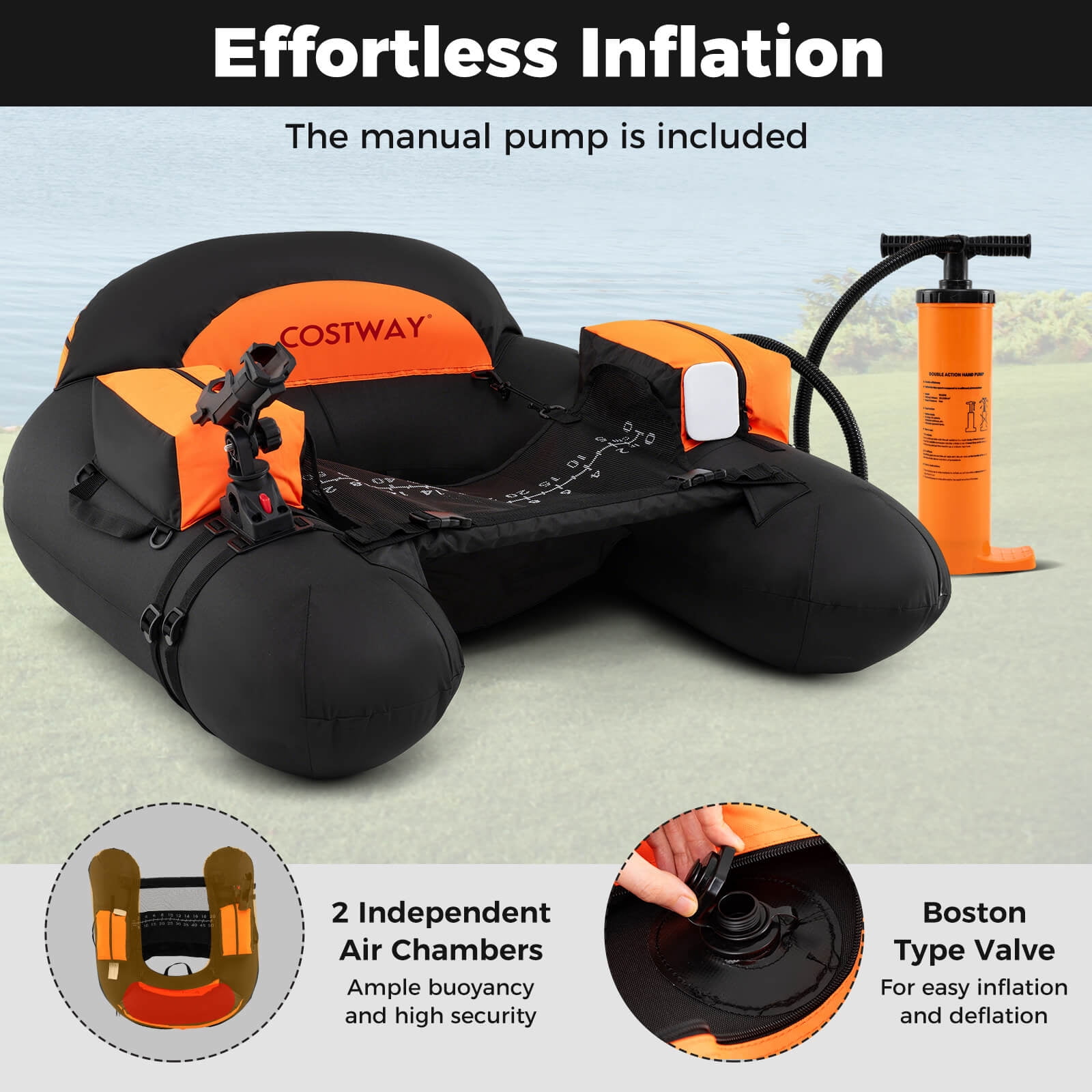 Costway Inflatable Float Tube with Adjustable Fishing Rod Holder Fish Hook Stator Flippers Orange