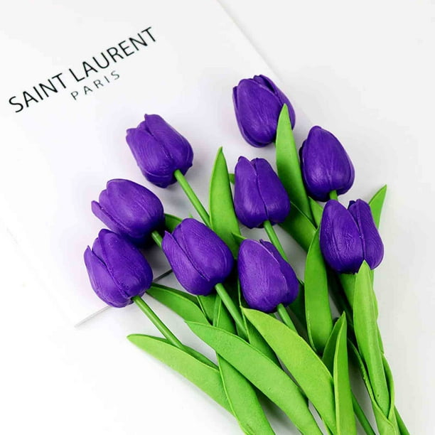 Tulipanes artificiales - Mini flores falsas para decoración de bodas, decoración escandinava del hogar, Rojo atardecer, rosa caramelo, blanco, rojo, verde claro, morado oscuro