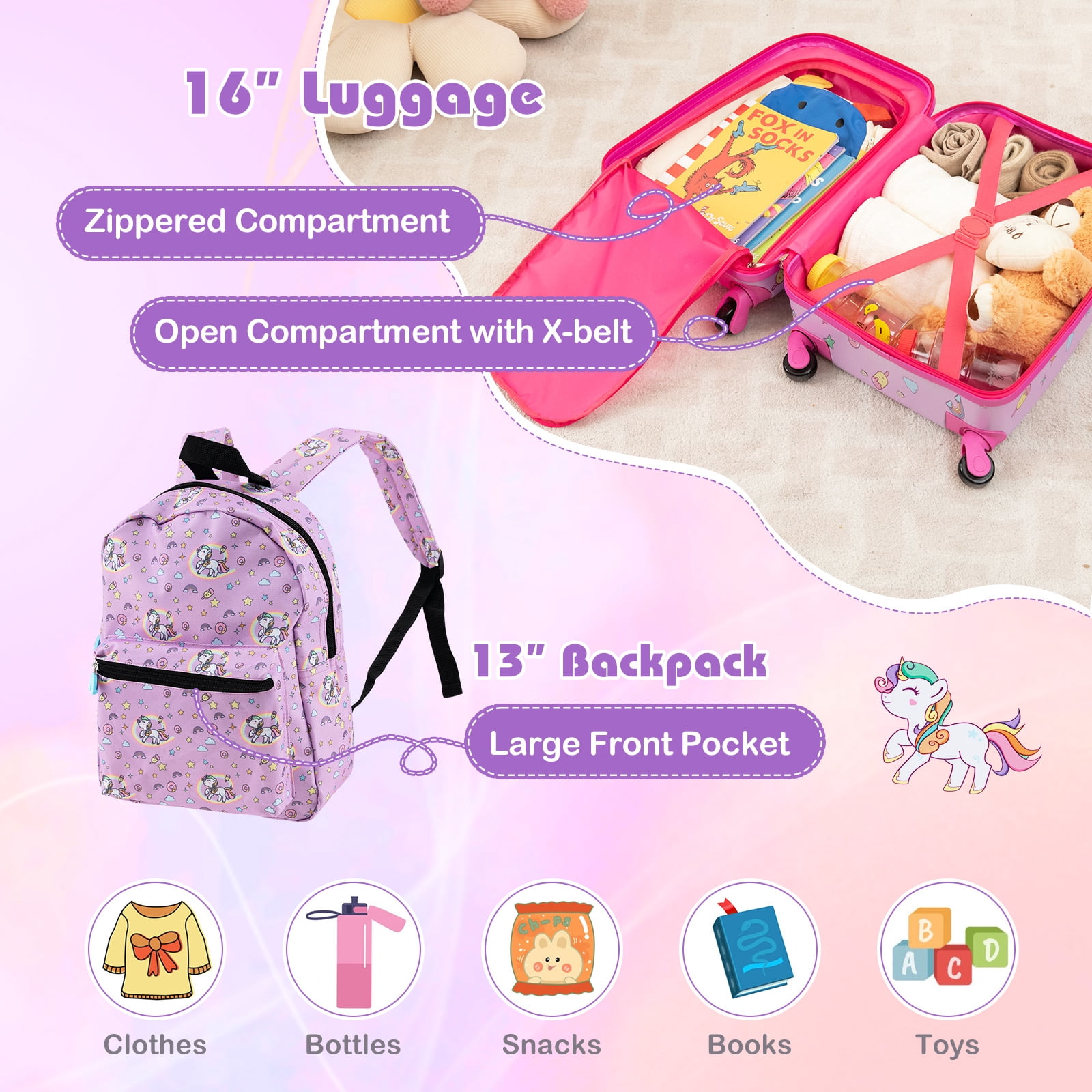 Infans 5 PCS Kids Luggage Set w/ Backpack Neck Pillow Luggage Tag Lunch Bag Wheels