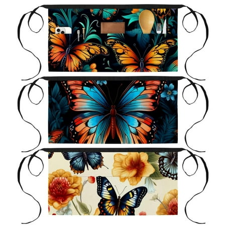 

Flower Butterfly Server Waist Apron with 3 Pockets Printed