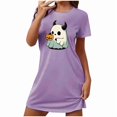 thumbnail image 3 of Aobny Ghost Capri Pajamas for Women Set Festival Purple Chemise Short Short Sleeve Crew Neck Fall Pajamas,L, 3 of 4