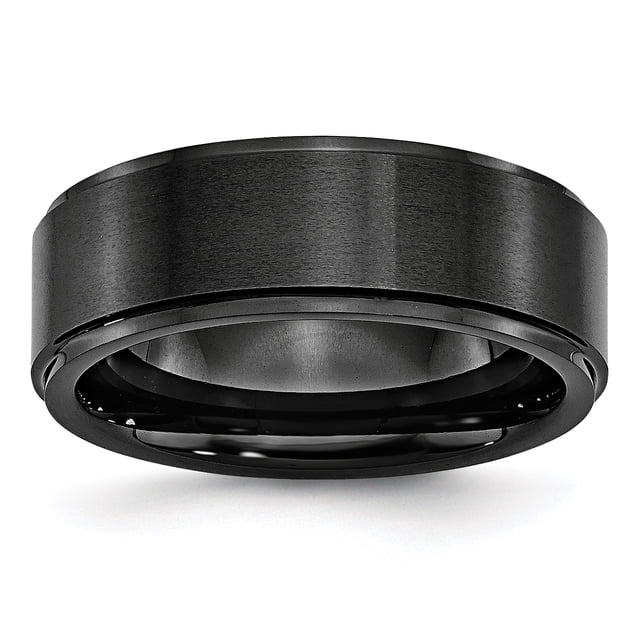 Black Ceramic Ridged Edge 8mm Brushed and Polished Band Ring 8 Size
