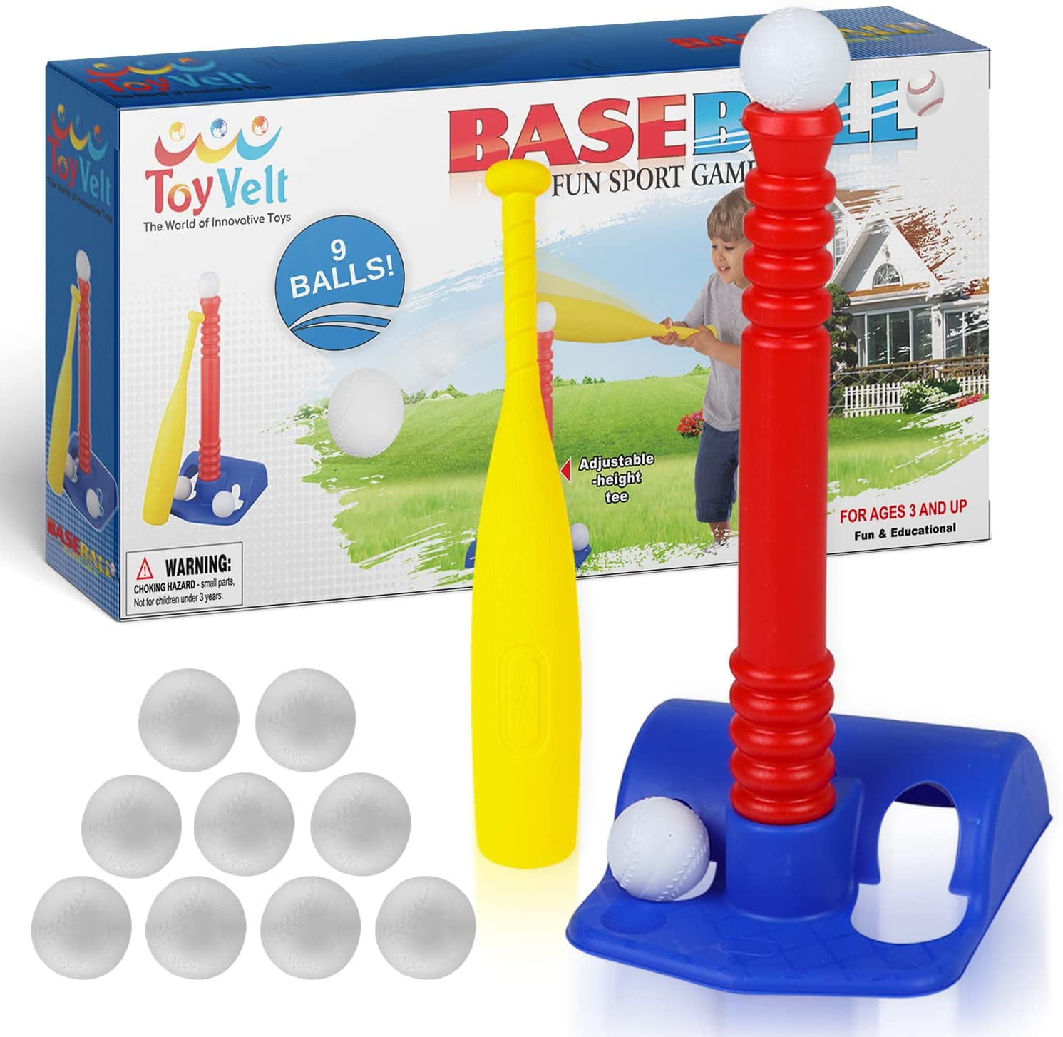 Toyvelt T-Ball Set for Toddlers Kids Baseball Tee Game Includes 6 Balls, 