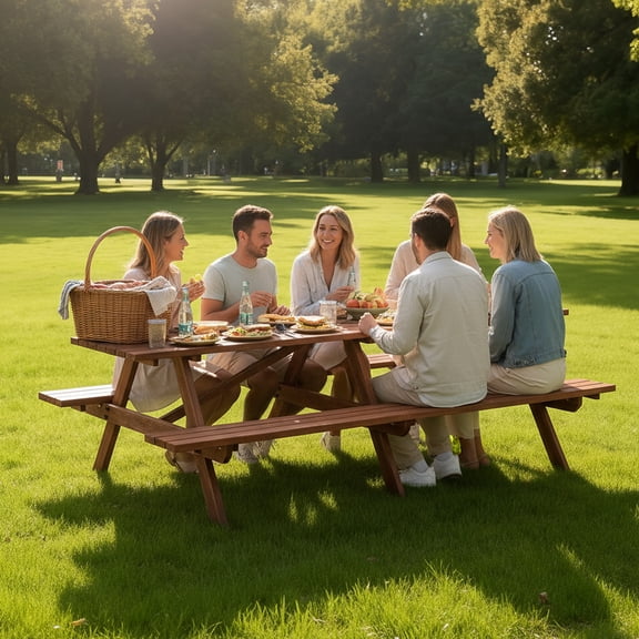 95 Inch Picnic Table,Extra Large 12-Person Wooden Picnic Table with 2 Built-In Benches,Outdoor Camping Dining Table for Backyard,Garden,Patio,2220 lbs Capacity