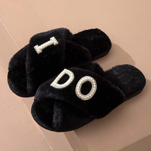JUSLIO Womens House Slippers Crisscross Cross Strap Fuzzy Plush Open Toe Slides Non Slip Flat Sole House Slippers Black