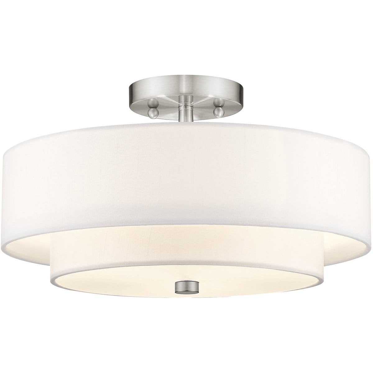 3 Light Brushed Nickel Ceiling Light fixture with Hand Crafted Off-White Fabric Hardback Shade