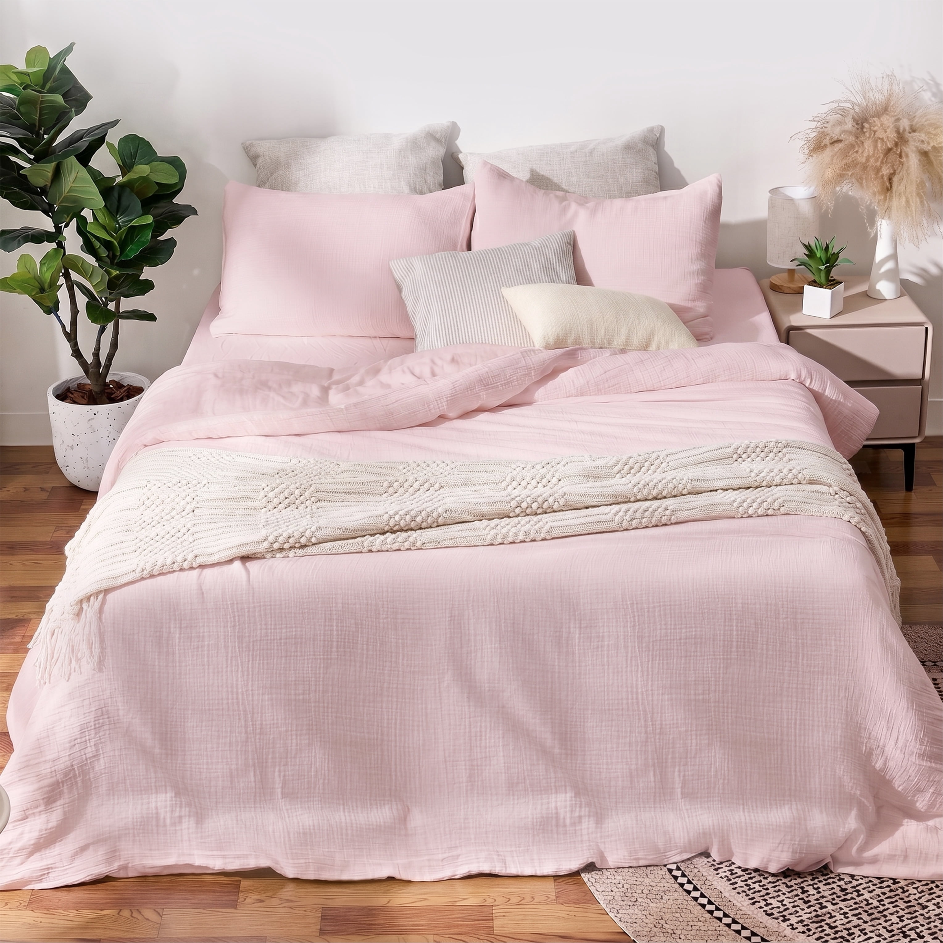 TechForma 100% Cotton Duvet Cover Set, Pink Double Layer Gauze Bed Set, 3 pcs Breathable & Crisp Soft Duvet Cover Set,King