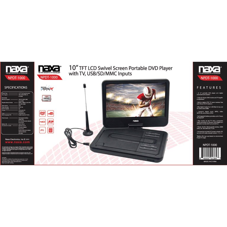 10” TFT LCD Swivel Screen Portable DVD Player with TV, USB/SD/MMC