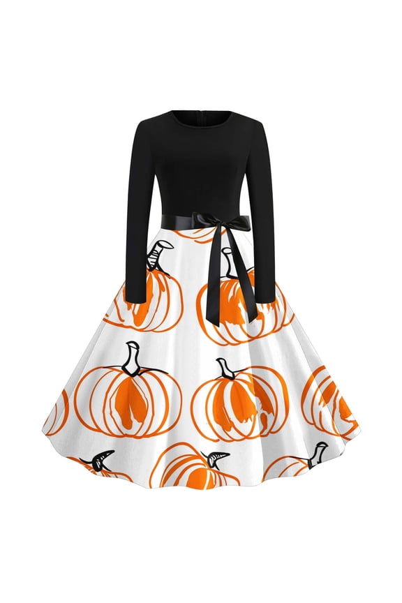 Women Halloween Midi Dresses Fashion Fall Long Sleeve Crew Neck Dress with Bow Belt Fashion Zip Back A-Line Dress Cute Pumpkin Print Splicing Big Hem Dresses