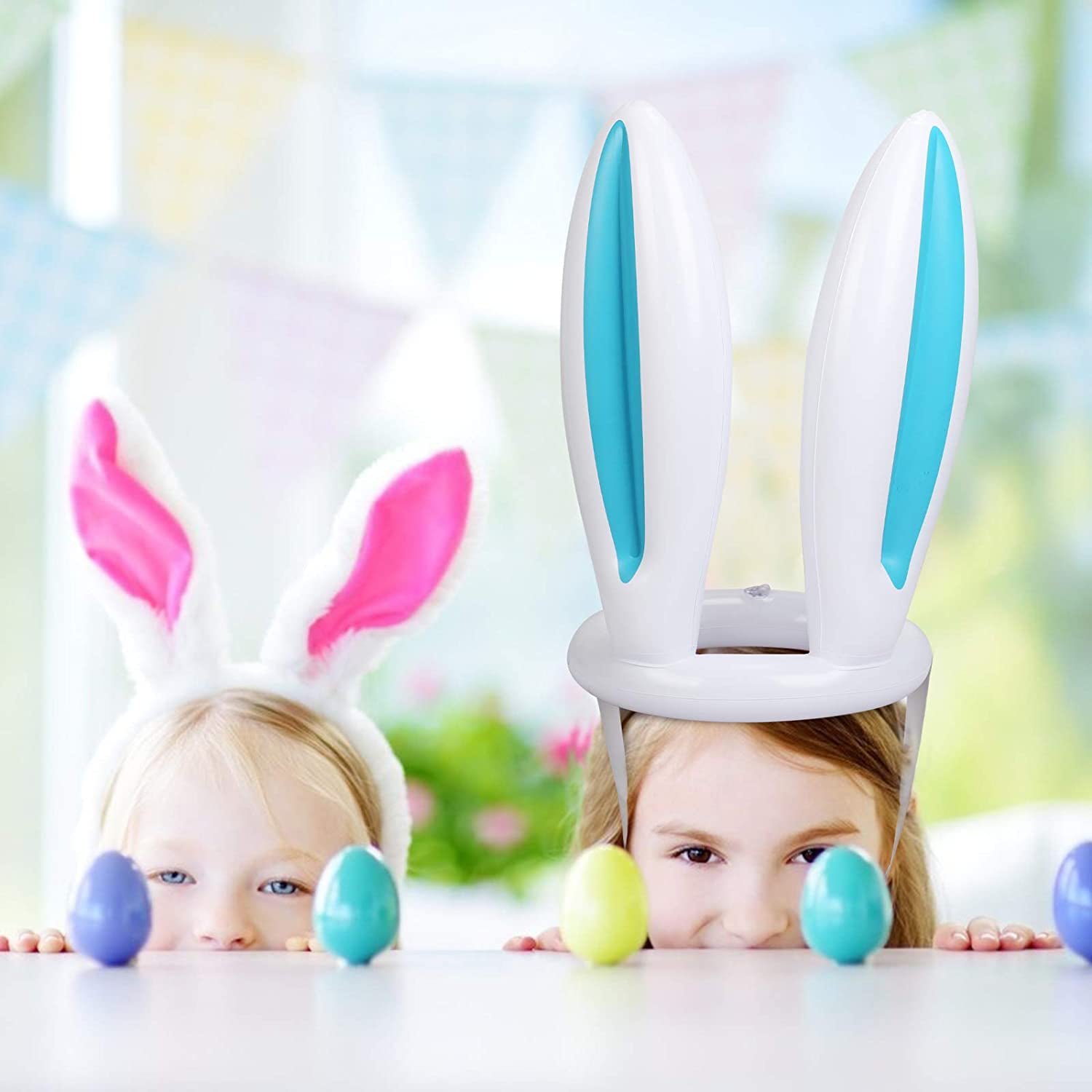 Outdoor Easter Eggs Hunt 2 Bunny Ears Hats & 8 Rings TURNMEON 2 Set of Inflatable Bunny Ring Toss Games School Carnival Party Games Easter Outdoor Party Games Party Supplies for Family & Kids