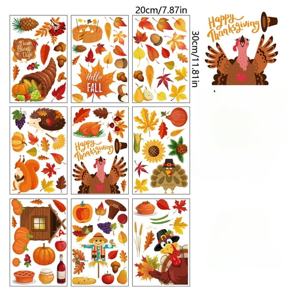 9 Sheets Thanksgiving Day Decorations Window Clings Stickers Fall Maple Gnome Yellow Halloween Pumpking Window Decals Stickers for Thanksgiving Fall Halloween Party Ornaments