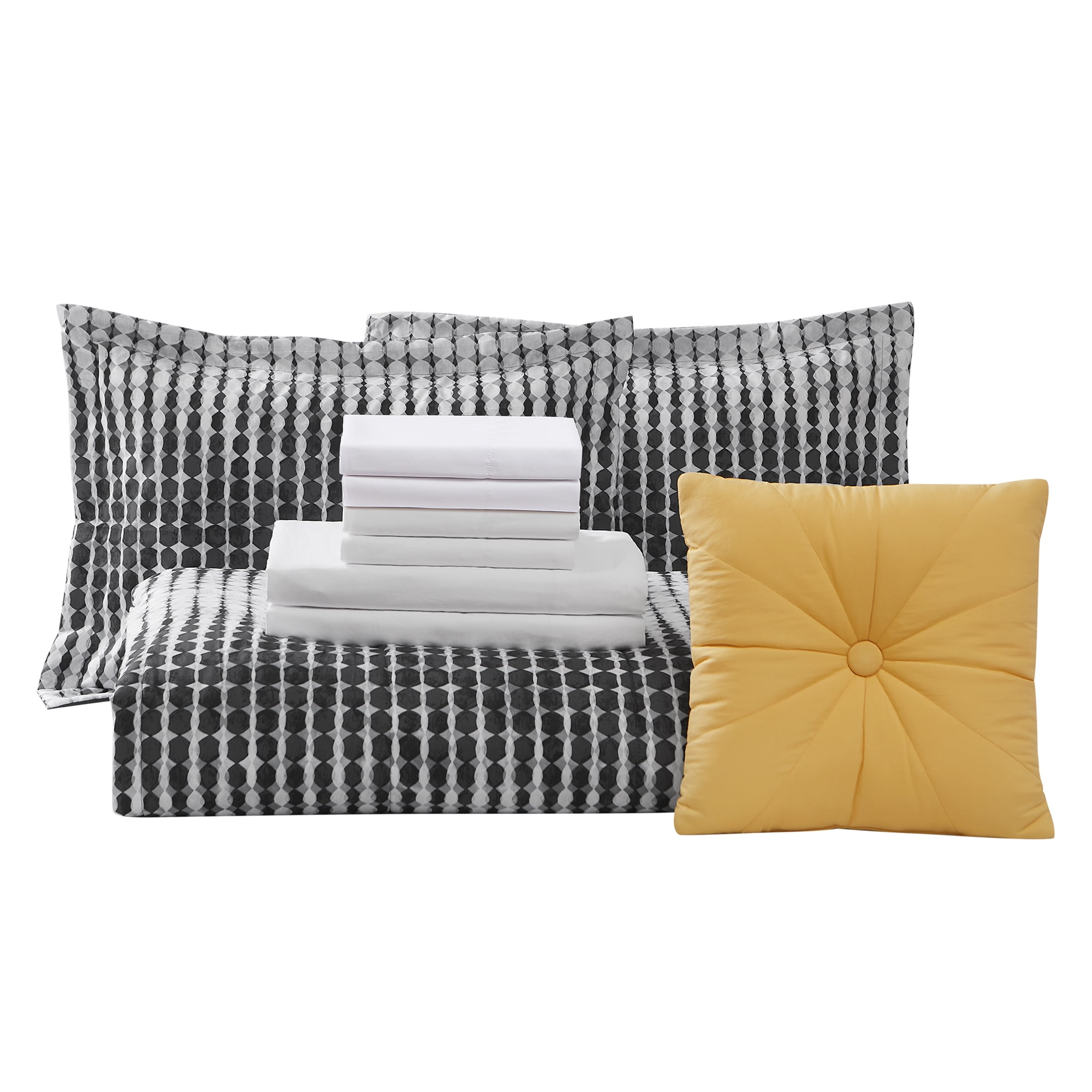 Mainstays Black and White Geo Stripe 10 Piece Bed in a Bag Comforter Set with Sheets, Queen