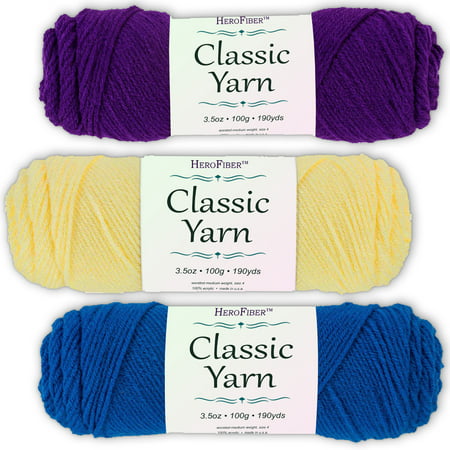 Soft Acrylic Yarn 3-Pack, 3.5oz / ball, Purple Deep + Yellow Maize + Blue Skipper. Great value for knitting, crochet, needlework, arts & crafts projects, gift set for beginners and pros