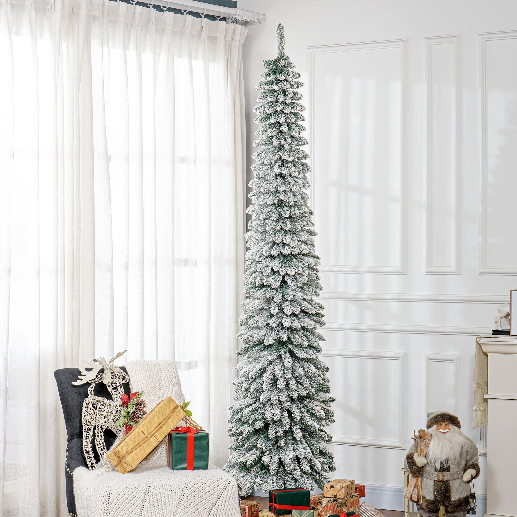 8 ft Unlit Slim Pencil Artificial Christmas Tree, Snow Flocked with 603 Tips, Flame-Retardant, Indoor Holiday Decor for Small Spaces