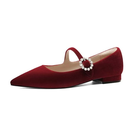XYD Women Classic Pointed Close Toe Flats with Rhinestone Buckle Strap Low Heel Mary Jane Velvet Daily Shoes Size 6.5 Red