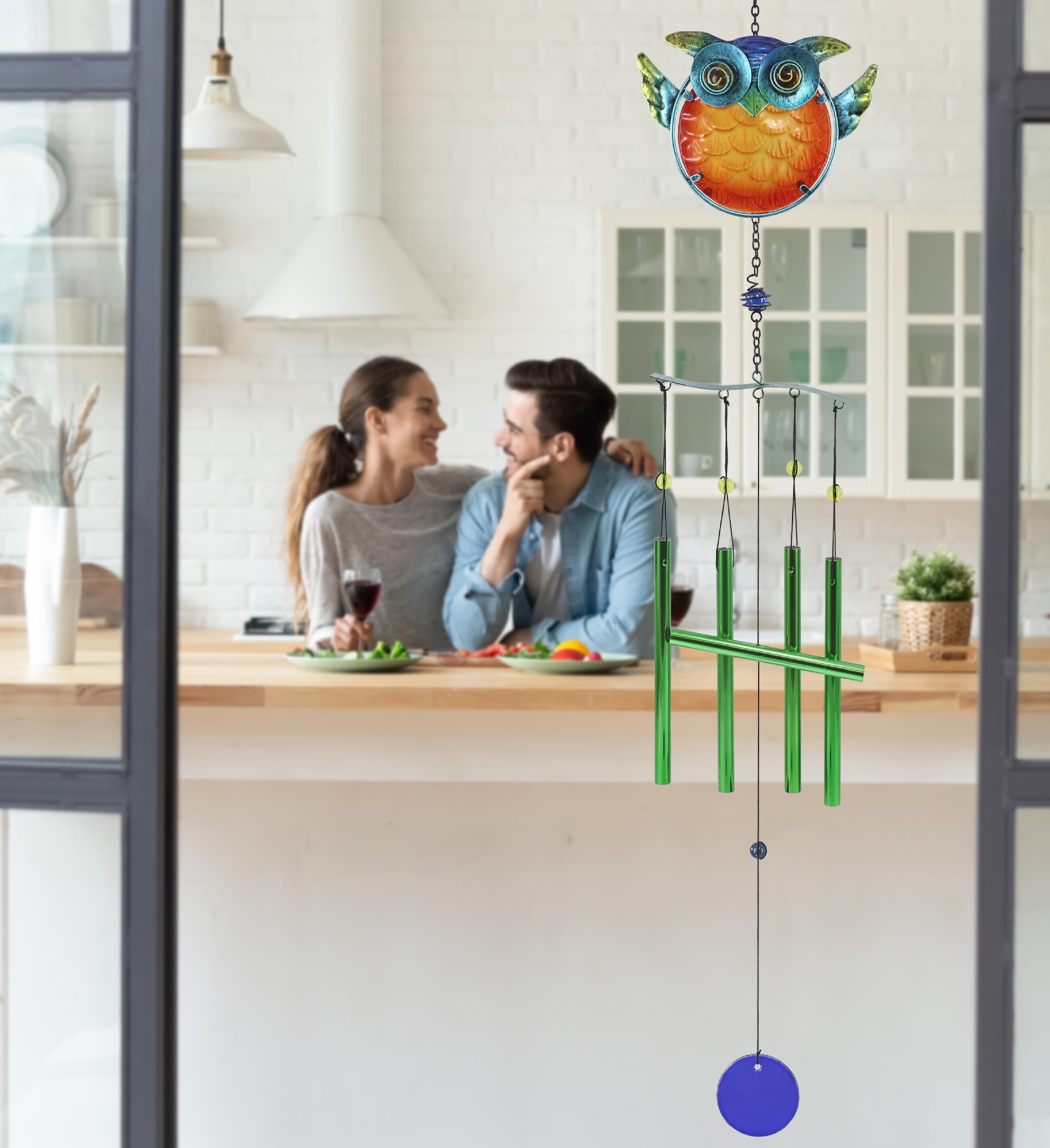 CoTa Global Owl Wind Chime - Handmade Glass and Metal Chime - Bird Wild Life Hanging Decor - Colorful Home Decor Gift, Indoor and Outdoor Hanging Decoration For Porch, Patio, and Garden - 36 Inches