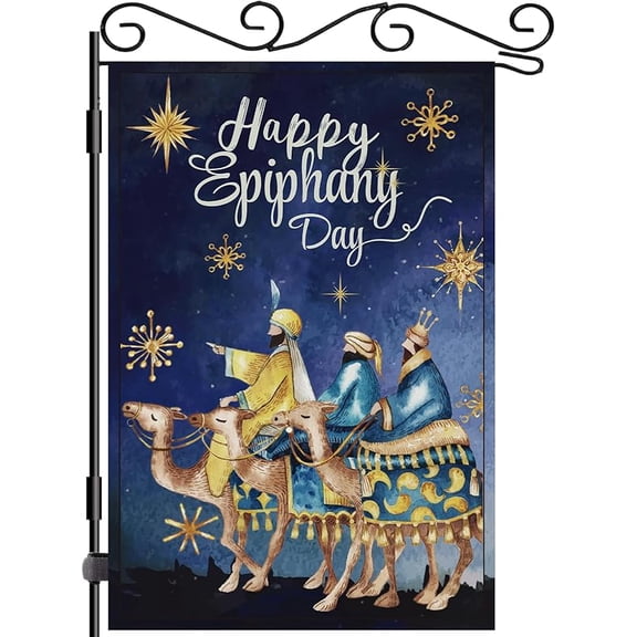 Happy Epiphany Garden Flag -Three Kings Day Decorations 12x18 Inch Double Sided Blue Burlap Religious Jesus Supplies Seasonal Decoration for Home Farmhouse House Outdoor Yard Lawn Decor