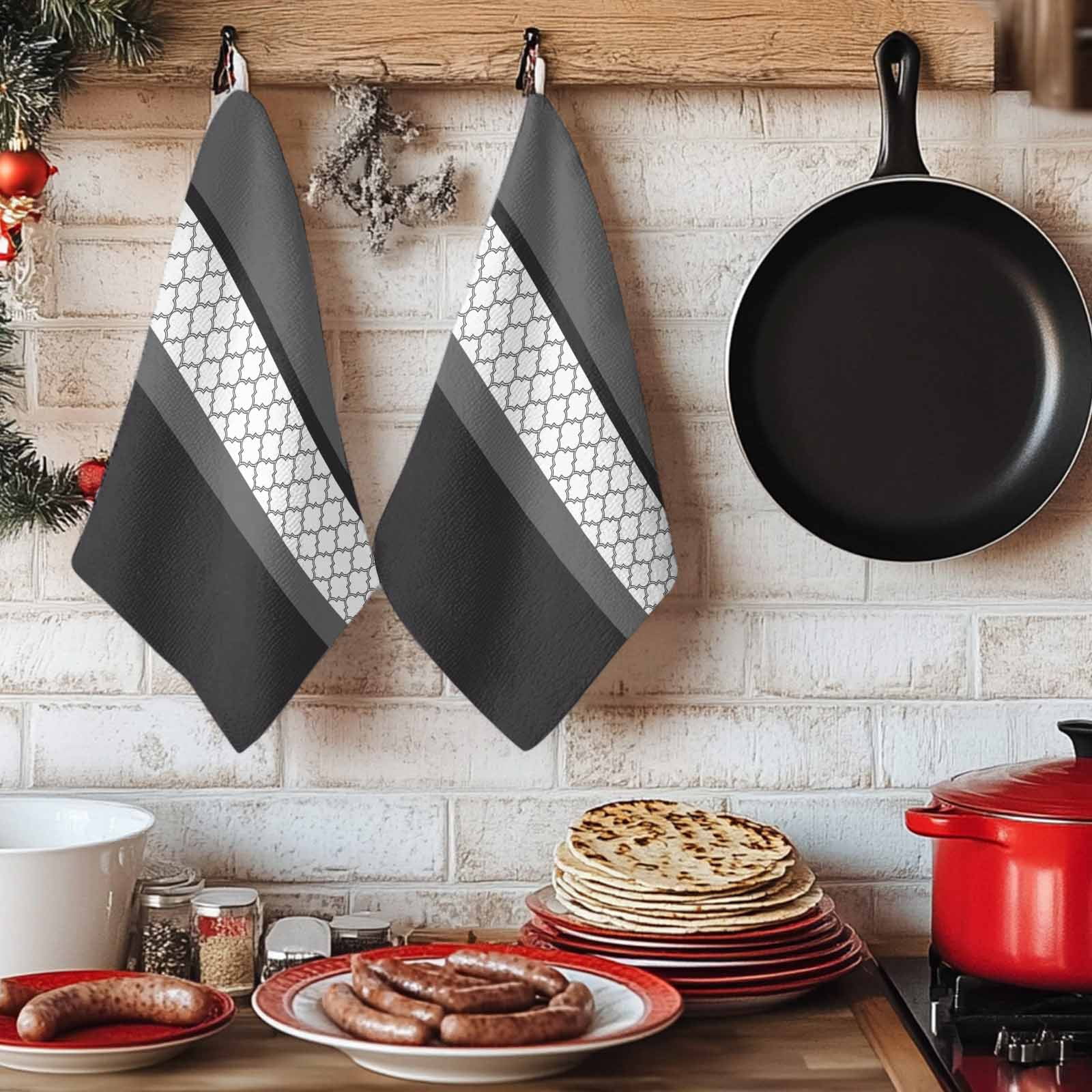 Dish Towels, Black Gray Geometric Absorbent Kitchen Towels 2 PCS, Stitching Morocco Pattern Microfiber Hand Towels Dish Cloths Tea Towels for Home&nbsp;Bathroom Cleaning Drying,18X28-Inch,