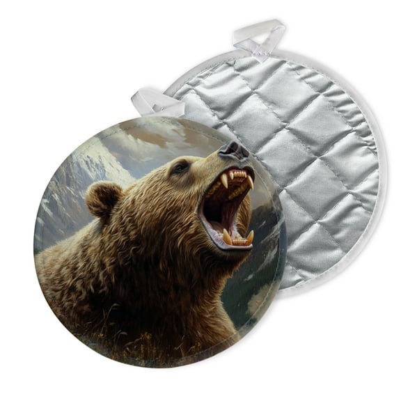 2 PCS Pot Holders for Kitchen,Potholders Sets with Hook for Oven,Cooking,Baking,Close-Up Of The Head And Mouth Of Angry Bear