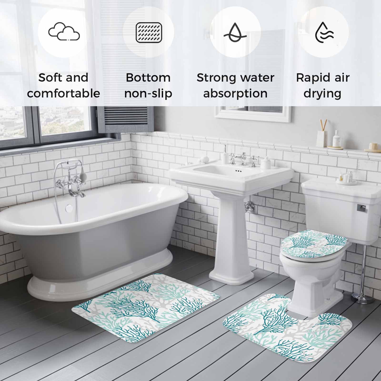Teal Grey Coral Coastal Bath Mat 3 Piece Bathroom Rug Set, Summer Beach Seaside Nautical Non Slip Bath Rug Contour Mat and Toilet Lid Cover, Absorbent Shower Mats Soft Bath Rugs and Mats Sets