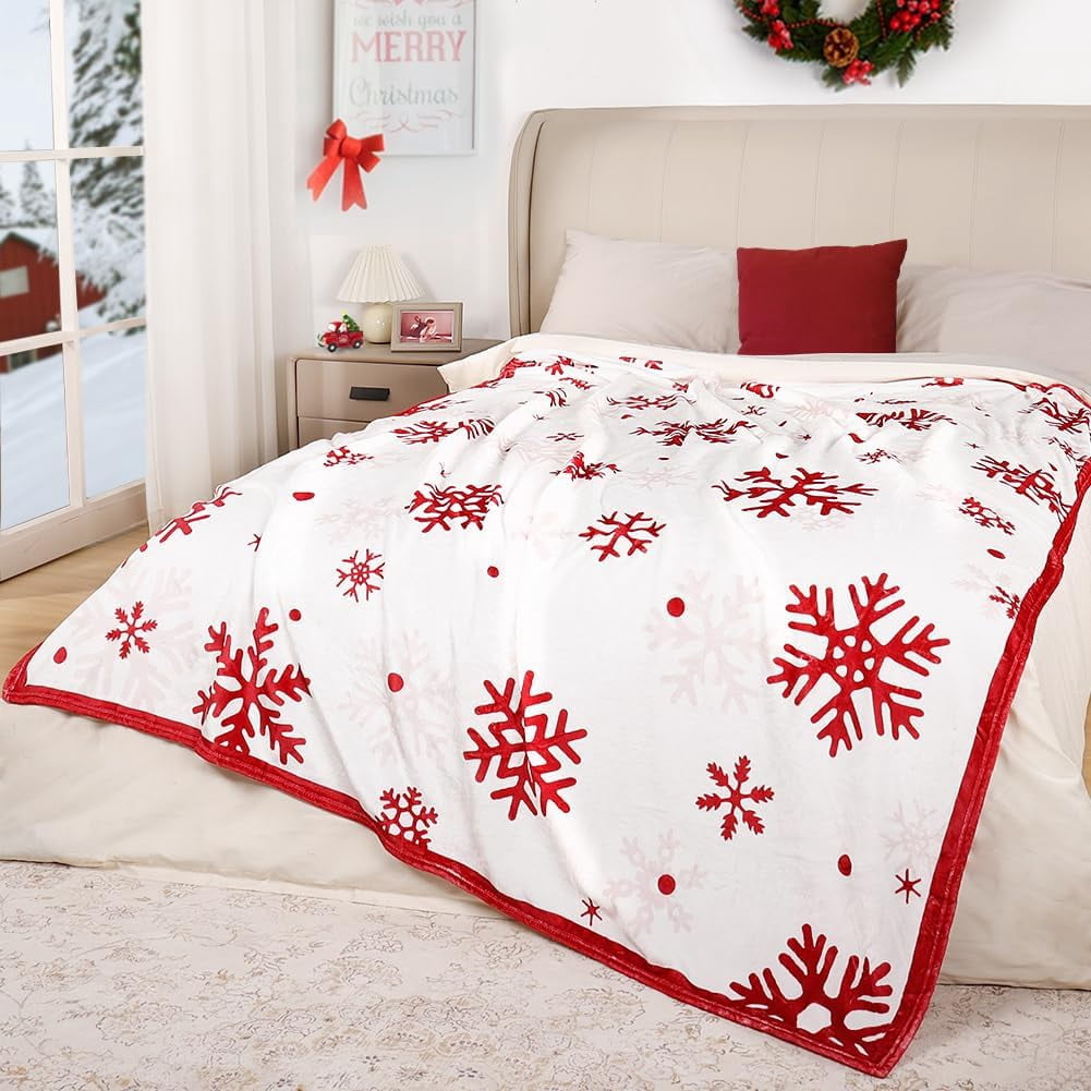 Red Snowflake Blanket Christmas Throw Blanket Winter Holiday Bed Blanket Super Soft Flannel Fleece Blanket Cozy Fuzzy Plush Throw Blanket for Couch “50 x 60”