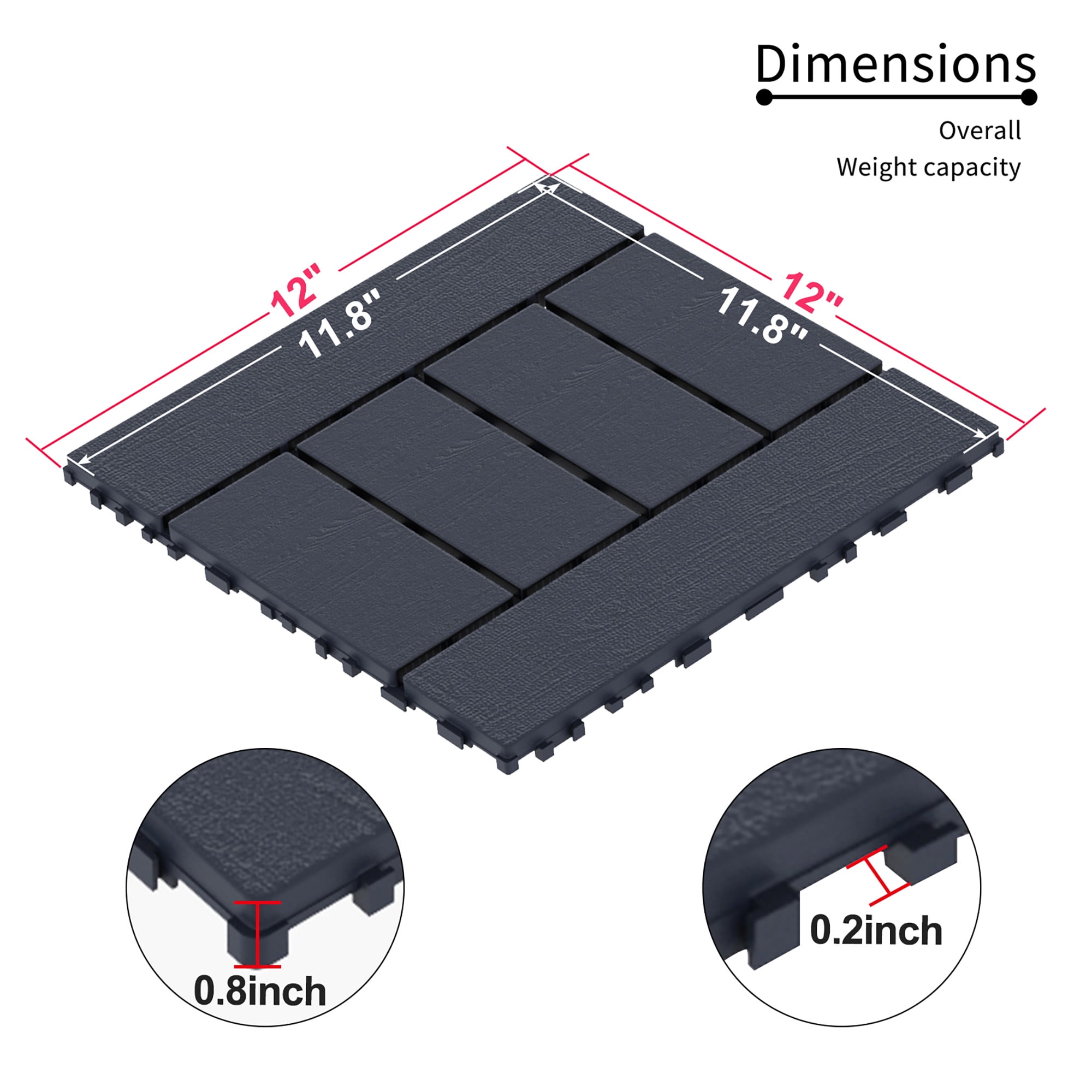 Alvantor 12"x12" Interlocking Deck Tiles, 44 Pack Plastic Waterproof Flooring Tiles for Outdoor & Indoor,Dark Gray