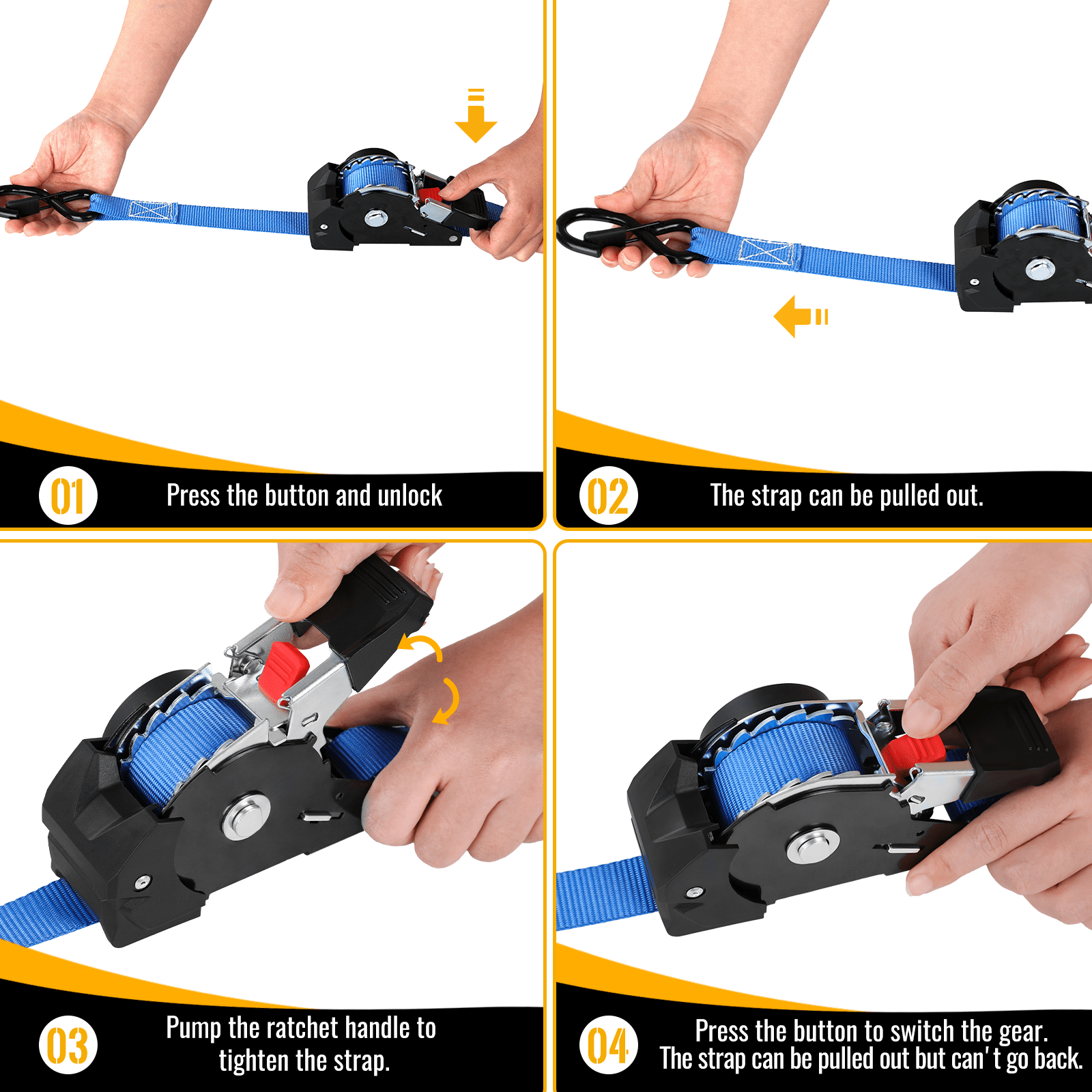 TLGREEN Retractable Ratchet Straps, 4Pack,1” x 10’ 1650lb Break Strength Heavy Duty Auto Self Retracting Tie Down Straps for Truck, Cargo, Motorcycle, ATV, UTV,Boat (Blue)
