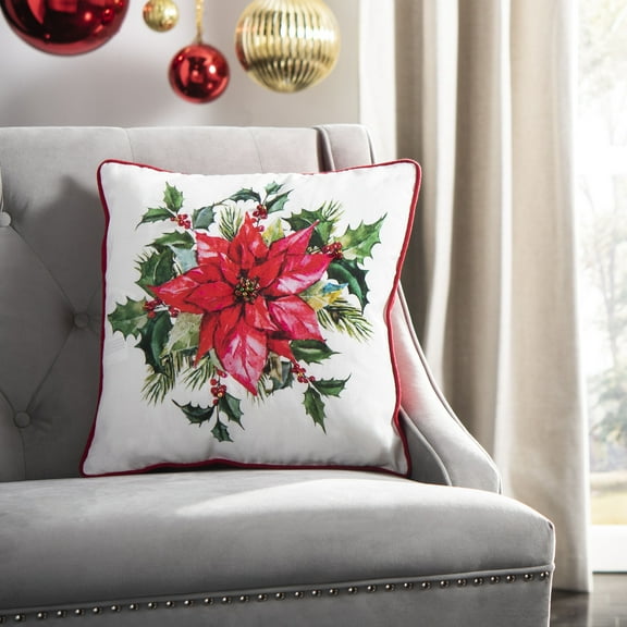 SAFAVIEH Gwendolen Christmas Poinsettia 18" x 18" Holiday Pillow, Ivory/Red/Green