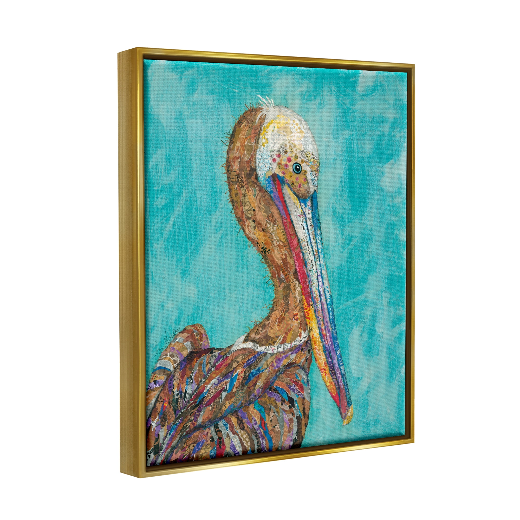 Stupell Industries Beautiful Pelican Bird Vivid Collaged Patterns Design Painting Metallic Gold Floating Framed Canvas Print Wall Art, Design by Lisa Morales