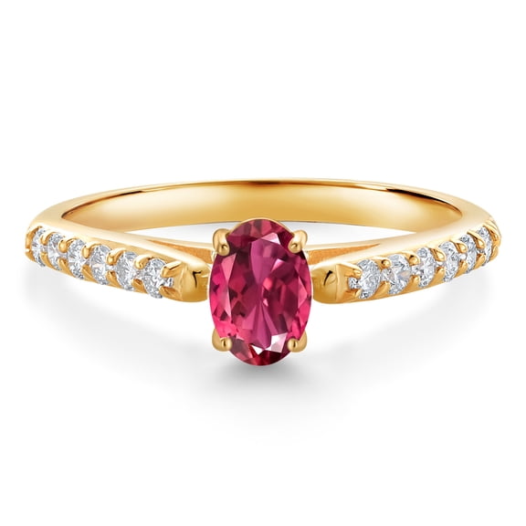 Gem Stone King 10K Yellow Gold Pink Tourmaline and White Lab Grown Diamond Engagement Ring for Women (0.66 Cttw, Oval 6X4MM, Gemstone October Birthstone, Size 7)