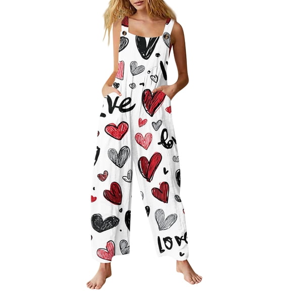 Fgvctg Valentine's Day Womens Jumpsuits Sleeveless Date Night Spaghetti Straps Overalls Holiday Wide Leg Pant Love Heart Graphic Bib Overalls Rompers Sprimg Pant With Pockets White 4XL
