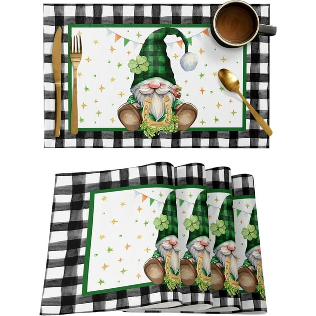 St. Patricks Day Green Placemats, Lucky Shamrock Clover Gnome Table Mat Linen Place mats Set of 4, Washable Farmhouse Placemat 19x13 Inch Rectangle Cloth Place Mats for Kitchen Dining Indoor Outdoor