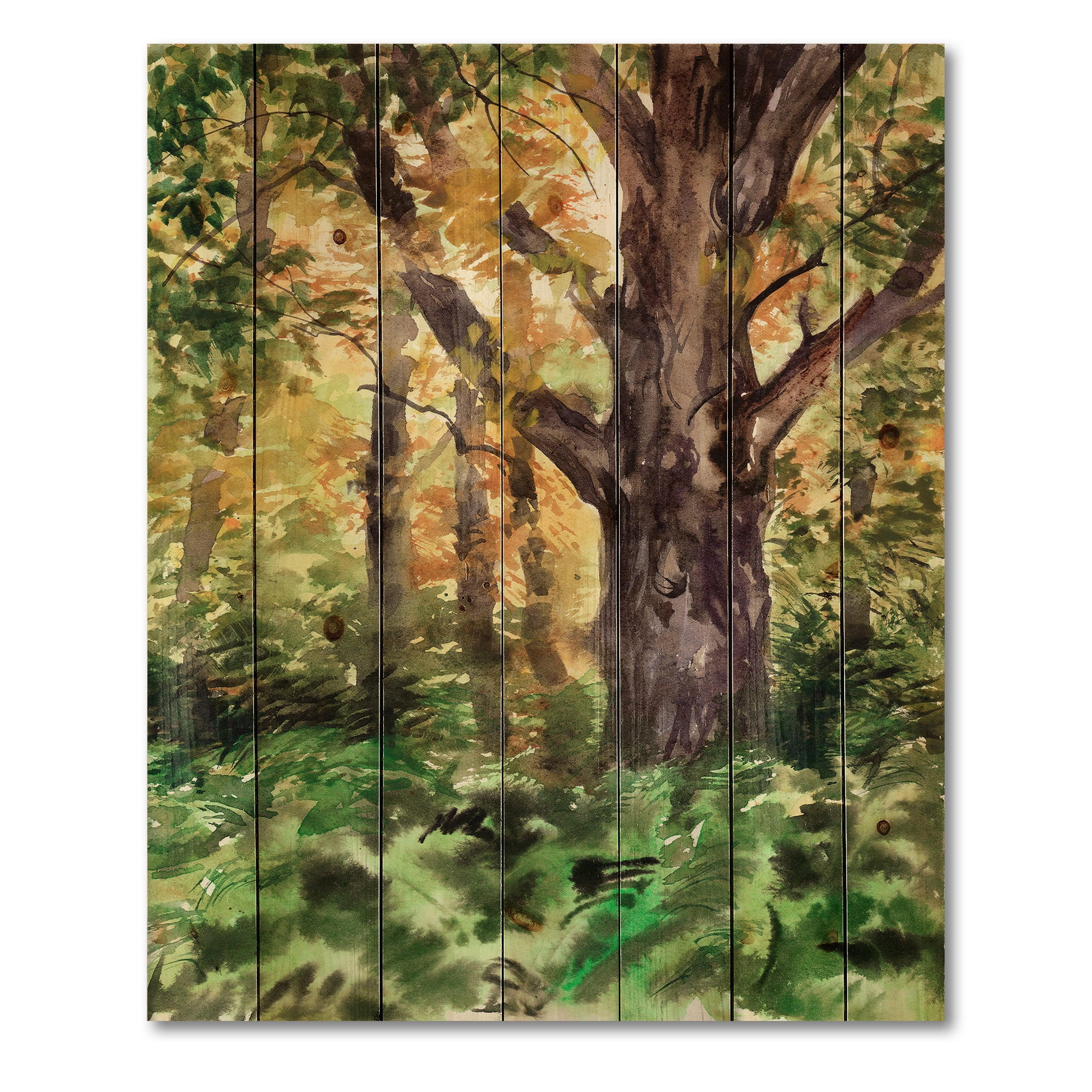 Designart 'Autumn Forest With A Large Tree' Lake House Print on Natural Pine Wood