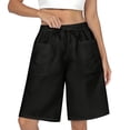 thumbnail image 3 of Womens Elastic Waist Drawstring High Waisted Bermuda Shorts Front Pockets Loose Fit Knee Length Wide Leg Capris Summer Casual Vacation Lounge Wear Bottoms , #01 Black, L, 3 of 7