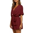thumbnail image 2 of Franhais Women's V Neck Jumpsuits, Casual Short Sleeve Romper Button Up Front Tie Knot One Piece Short Playsuit, 2 of 4