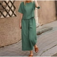 thumbnail image 4 of Casual Women's Linen 2-Piece Set Solid Color Loose Comfortable T-Shirt + Wide Leg Pants Homewear Casual Sportswear-Turquoise-XXXL, 4 of 7