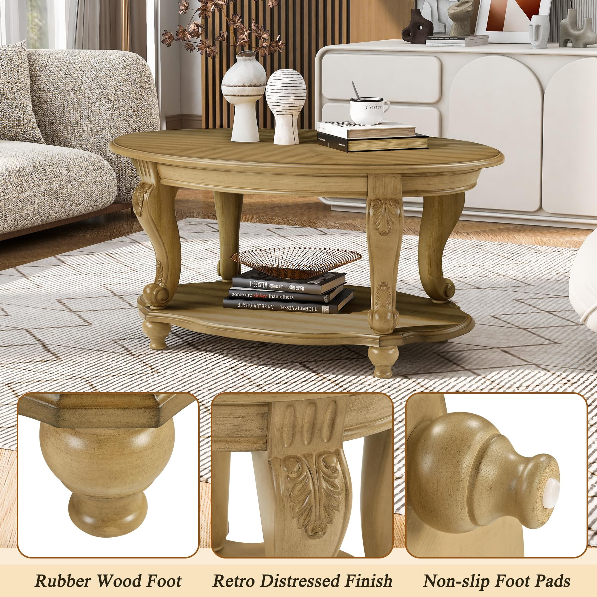 LKTART 3-Piece Coffee Table Set, Coffee Table and Round End Tables Set of 2, Victorian Living Room Coffee Table Sets, Antique