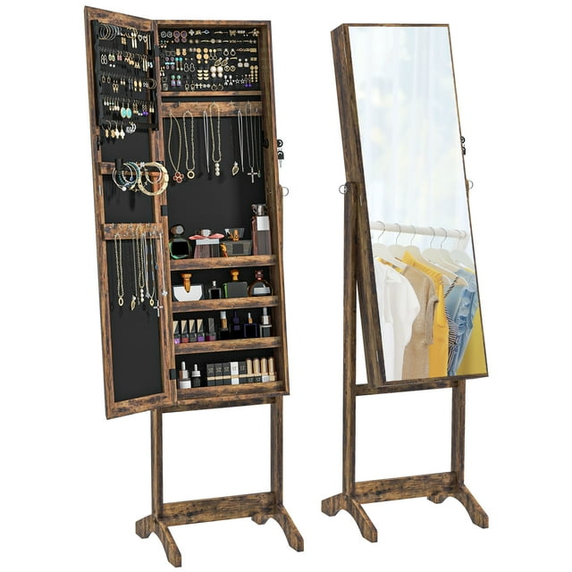 CoSoTower Lockable Mirror Jewelry Cabinet, Full-Length Mirror and Jewellery Storage with 3 Adjustable Angles, Rustic Brown
