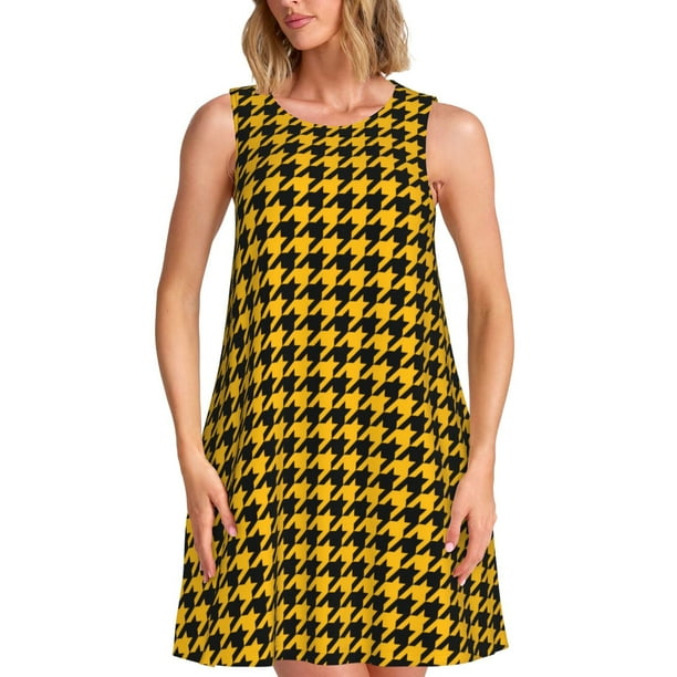 Fotbe Retro Yellow and Black Houndstooth Vestido de Verano sin Mangas para Mujer – Vestido Midi Línea A, Estilo Camiseta Floral, Vestido Playero Casual y Fluido