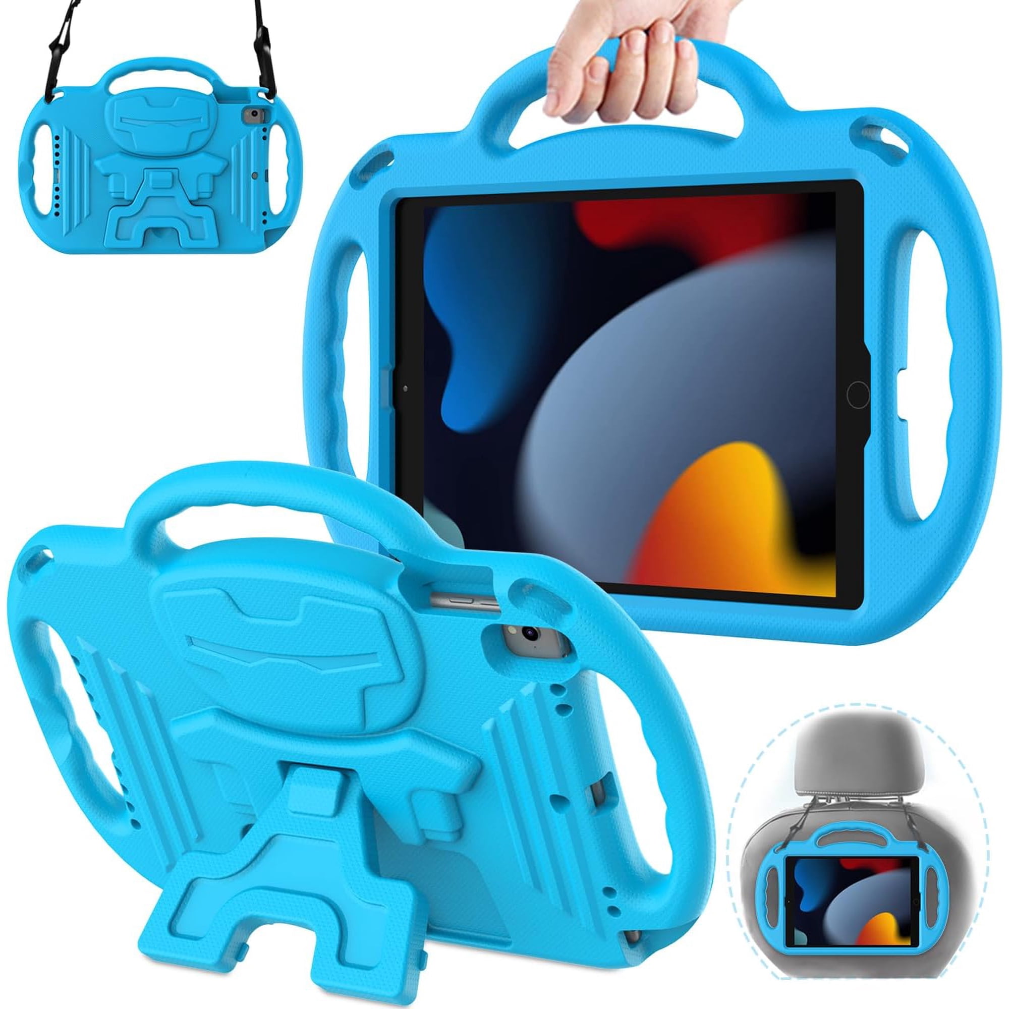 AVAWO Kids Case for iPad 10.2 9th & 8th & 7th Generation, iPad 10.2 2021/2020/2019 Case - with Shoulder Strap - Light Weight Shock Proof Handle Stand Kids Friendly Case for All iPad 10.2 inch, Blue
