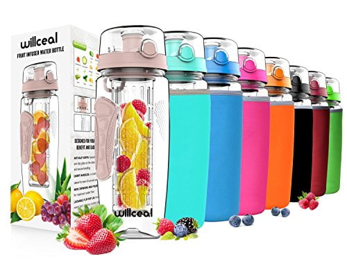 Fruit Infuser Water Bottle 32oz Willceal- Durable Flip Lid Large BPA Free Tritan Sports Camping Leak Proof Design