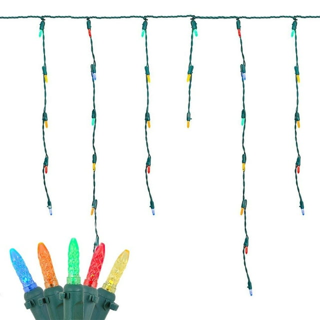 Novelty Lights LED Icicle Lights Multicolor, 15 Feet 150 LED M5 Bulbs on 30 Drops with 6 Inch Spacing, 12-32" Drops, Commercial Grade Green Wire, Flicker Free and Energy Efficient, Connectable