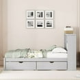 thumbnail image 3 of Twin Size Bed Frame with Built-in USB Port on Bookcase Headboard and 2 Drawers, Wooden Platform Bed with Slats Support for Bedroom, No Box Spring Needed, Grey, 3 of 7