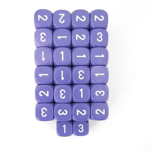 Purple Opaque Dice with White Numbers D3 (D6 1-3 Twice) 16mm (5/8in) Pack of 50 Wondertrail