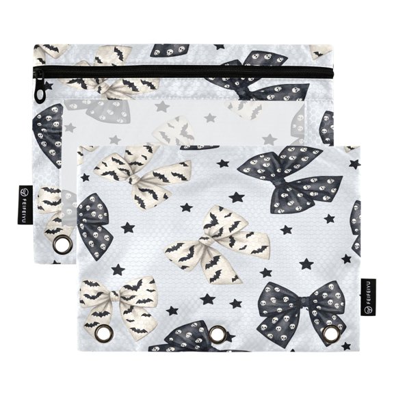 Halloween Black White Bows with Skulls Stars Binder Pouches Zipper Pocket Document Storage 3 Rings 2 Packs A5 Size