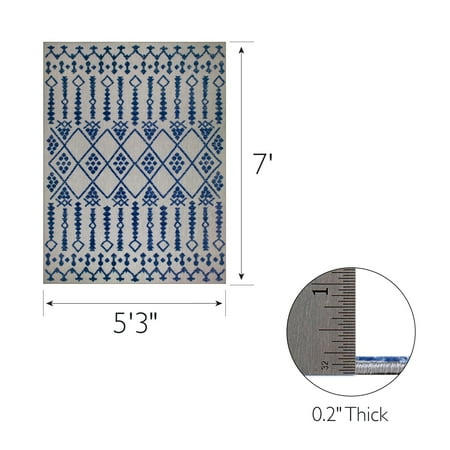 Leick Home Cusp Rectangle Gray with Blue Indoor/Outdoor Area Rugs, 5'3" x 7'