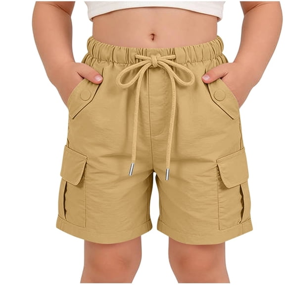 Kukoosong Girls' High Waist Cargo Shorts with Pockets, Elastic Waist Drawstring Casual Shorts, Solid Color Summer Bermuda for Kids Girls Outdoor Daily Wear